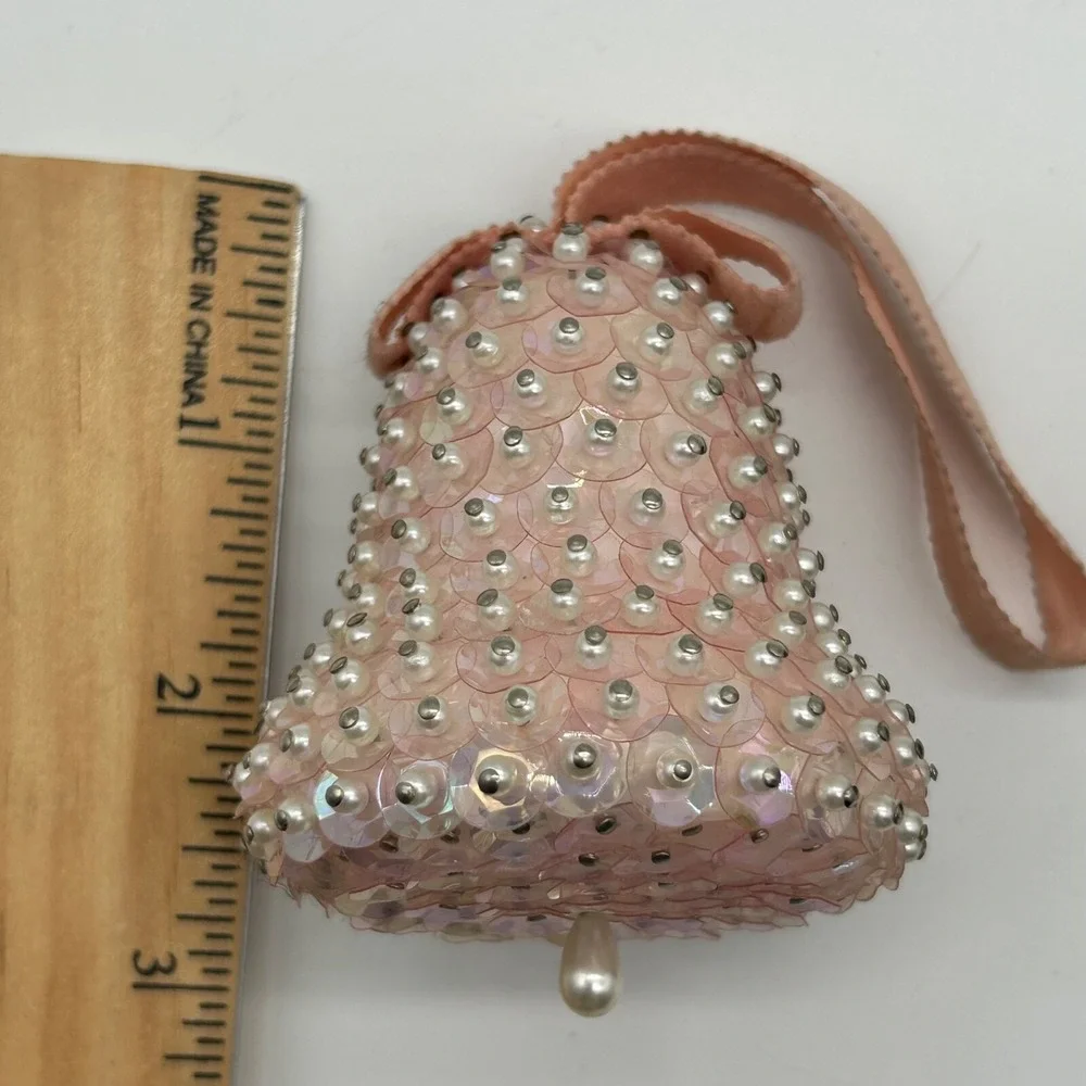 Vintage Beaded Sequins Push Pin Christmas Ornament Pink Bell Purple Ornate Set 2